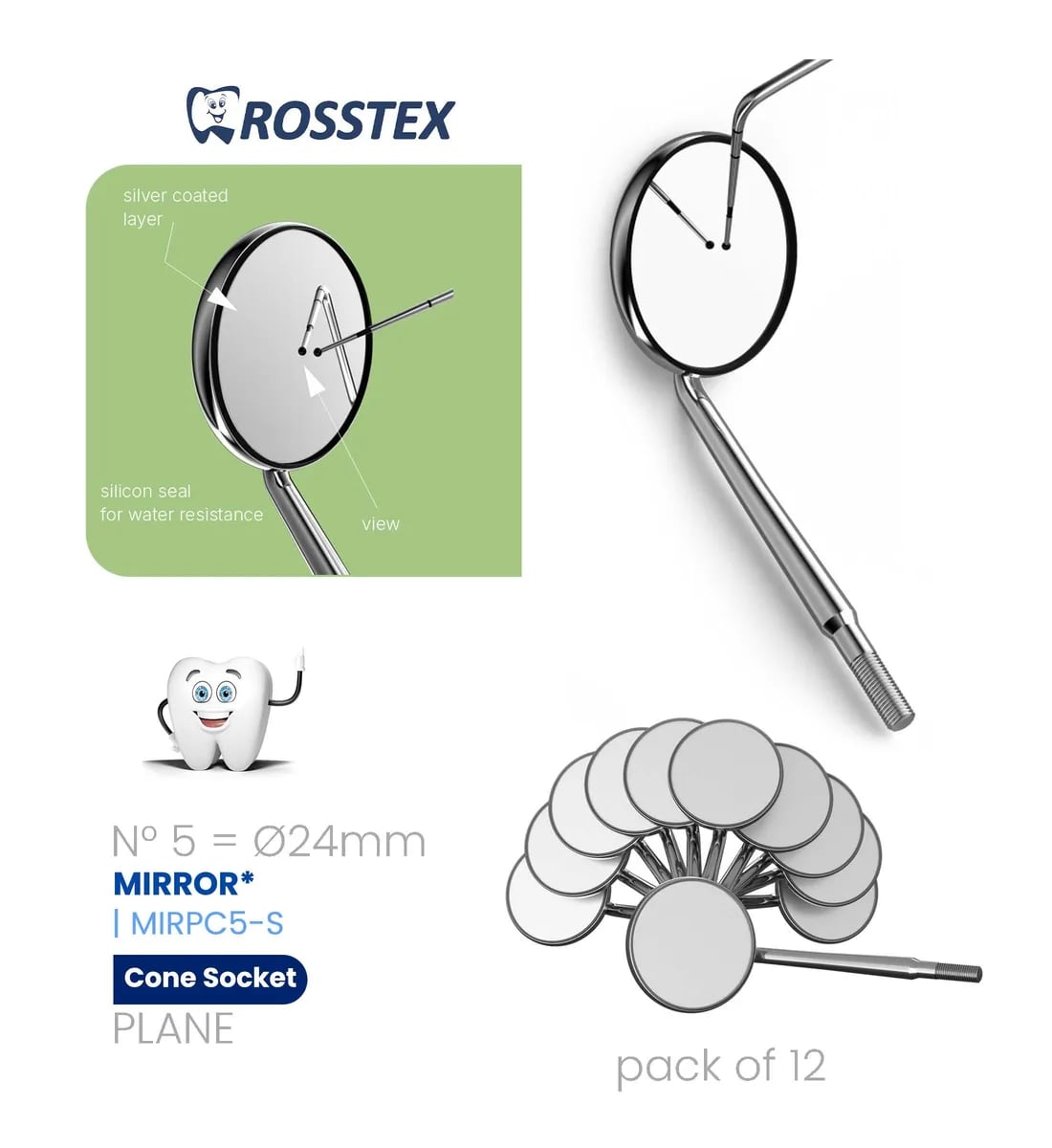 Dental Mirror #4, Plane, Cone Socket, Single Side